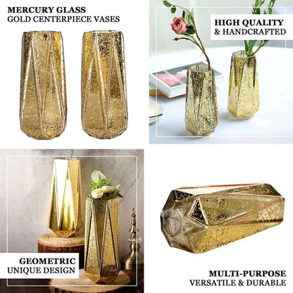 Gold mercury glass vases with geometric design, ideal for centerpieces and decor.