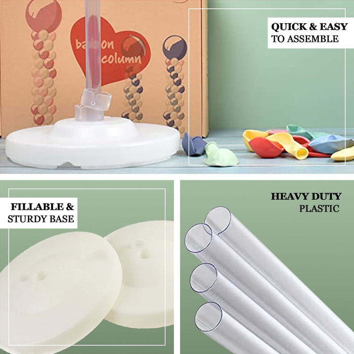 Balloon column base set with fillable base and heavy-duty plastic tubes.