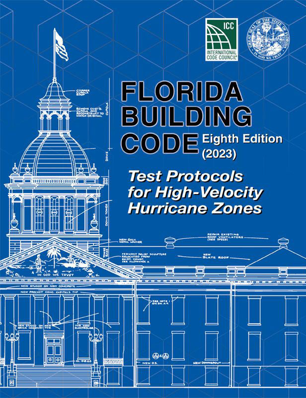 Blue cover of 2023 Florida Building Code Test Protocols for High-Velocity Hurricane Zones with architectural blueprint and seals
