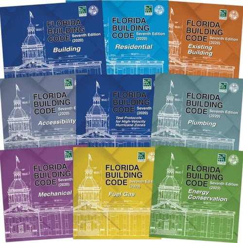 Nine 2020 Florida Building Code guides in various colors covering multiple construction topics arranged in a grid layout