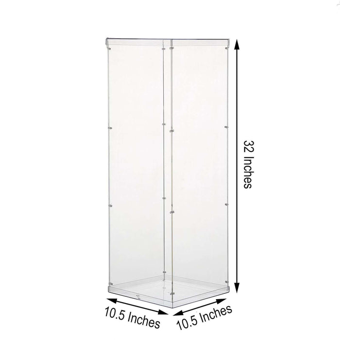 Clear acrylic display case, 10.5 x 10.5 x 32 inches.