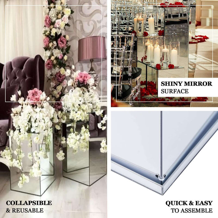 Mirrored flower vase with collapsible design, perfect for events and decoration.