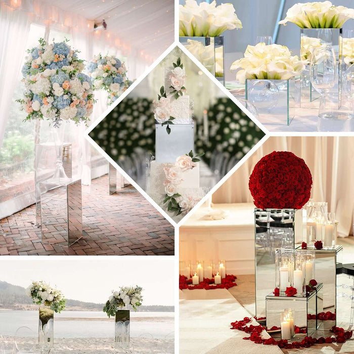 Elegant floral arrangements in mirrored vases for wedding decor.