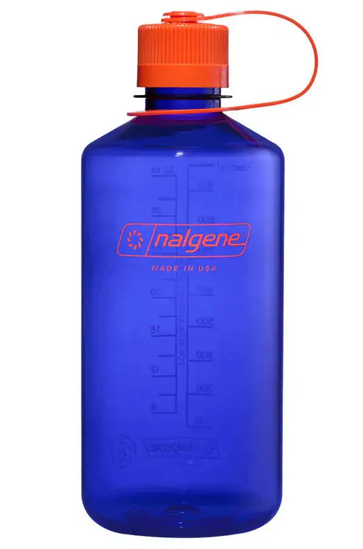Blue Nalgene water bottle with an orange cap on a white background