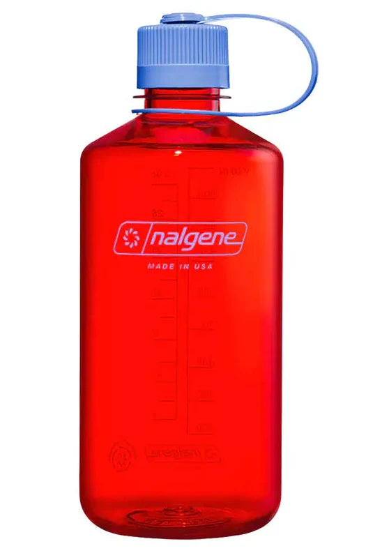 Red Nalgene water bottle with a blue cap on a white background