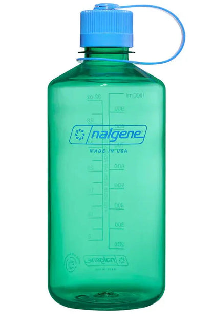 Green Nalgene water bottle with blue cap on a white background