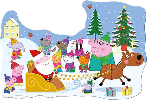 ravensburger peppa pig jigsaw puzzle of cartoon animals in winter clothing with a sleigh and Christmas trees.