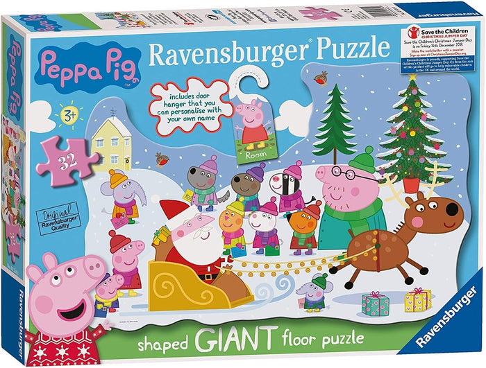 Ravensburger Peppa Pig Christmas jigsaw puzzle box with characters and Santa Claus on a sleigh.
