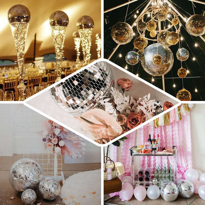 Collage of disco balls in various settings for festive decor inspiration.