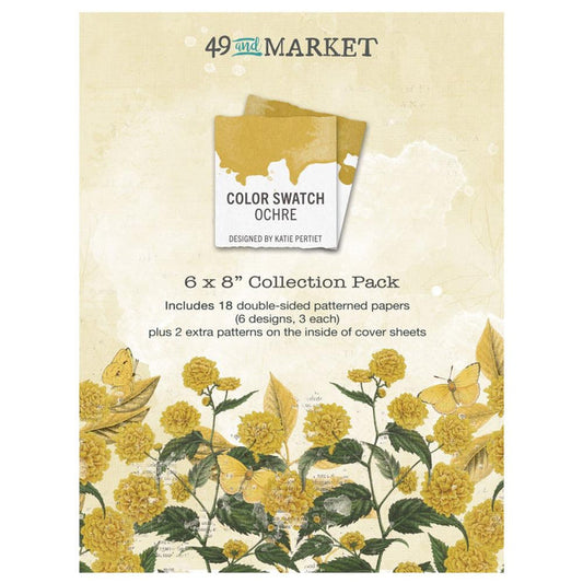 49 And Market - Collection Pack 6"X8" - Color Swatch: Ochre. The 6x8 Ochre Paper Collection Pack has a total of 18 sheets (3 each of 6 double-sided patterned papers) plus 2 extra patterns on the inside of the cover sheets. Available at Embellish Away located in Bowmanville Ontario Canada.