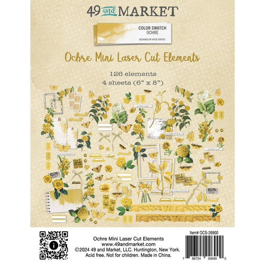 49 And Market - Mini Laser Cut Outs Elements - Color Swatch: Ochre. The mini laser cut set includes 126 smaller elements on 4 sheets that measure 6x8" sheets. Available at Embellish Away located in Bowmanville Ontario Canada.
