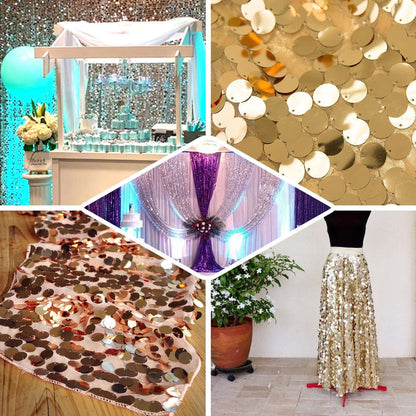 Decorative gold sequin tablecloth and backdrop for events and celebrations.