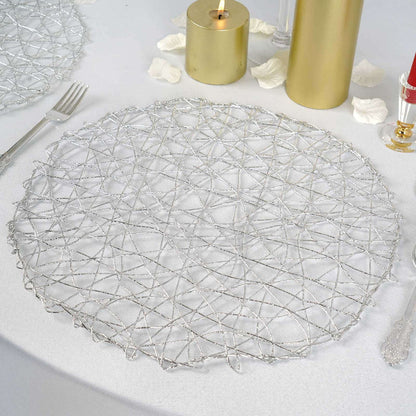Silver decorative charger plate with intricate woven design