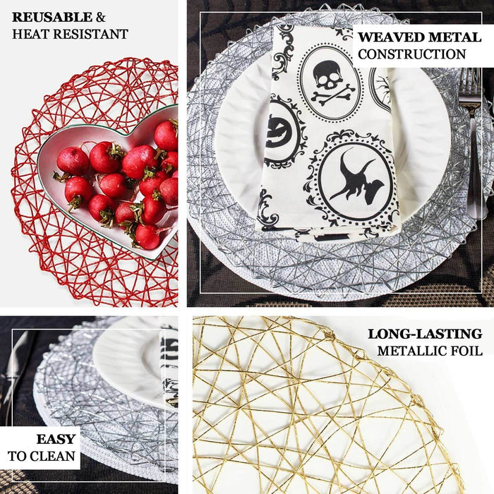 Metallic decorative plates with reusable, heat-resistant designs in various colors.