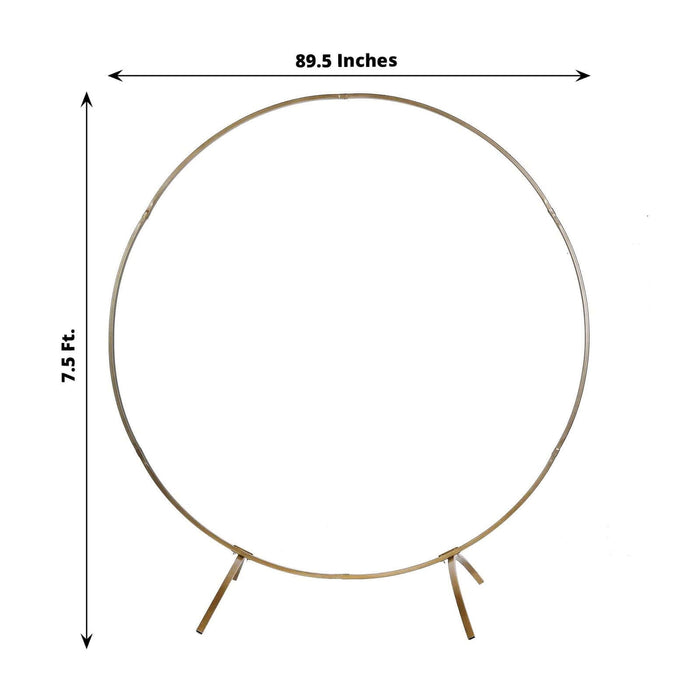 Gold metal circle backdrop stand, 89.5 inches wide and 7.5 feet tall
