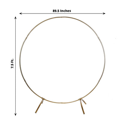 Gold metal circle backdrop stand, 89.5 inches wide and 7.5 feet tall