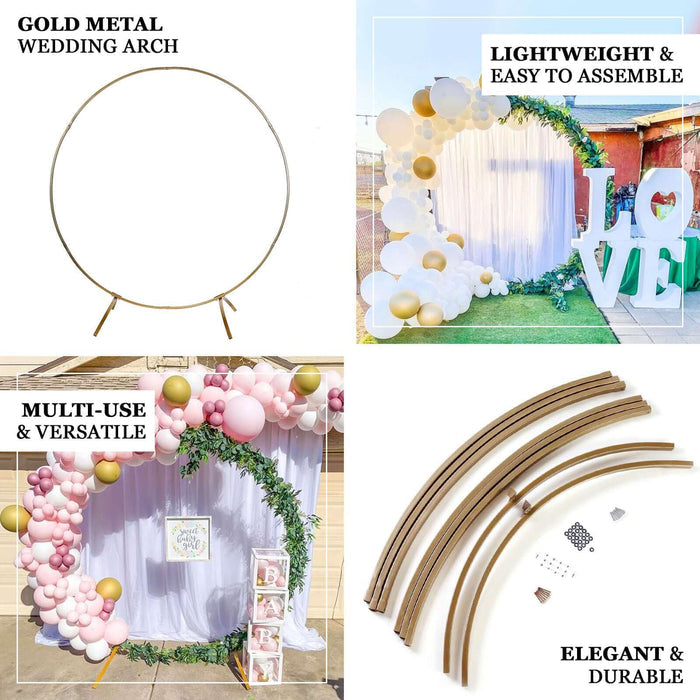 Gold metal wedding arch, lightweight and durable, perfect for events and versatile use.