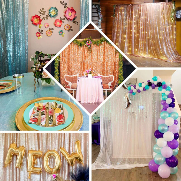 Decorative event backdrops with sequins, flowers, and balloons for festive occasions.