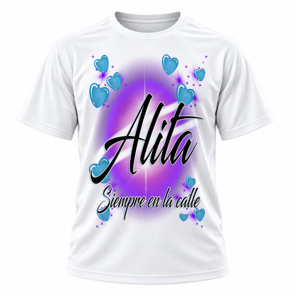 Personalized Name Art T-Shirt, front-view T-shirt mockup featuring custom Air-Volution artwork by Mythic Airbrush