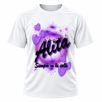 Personalized Heart Name T-Shirt, front-view T-shirt mockup featuring custom Air-Volution artwork by Mythic Airbrush