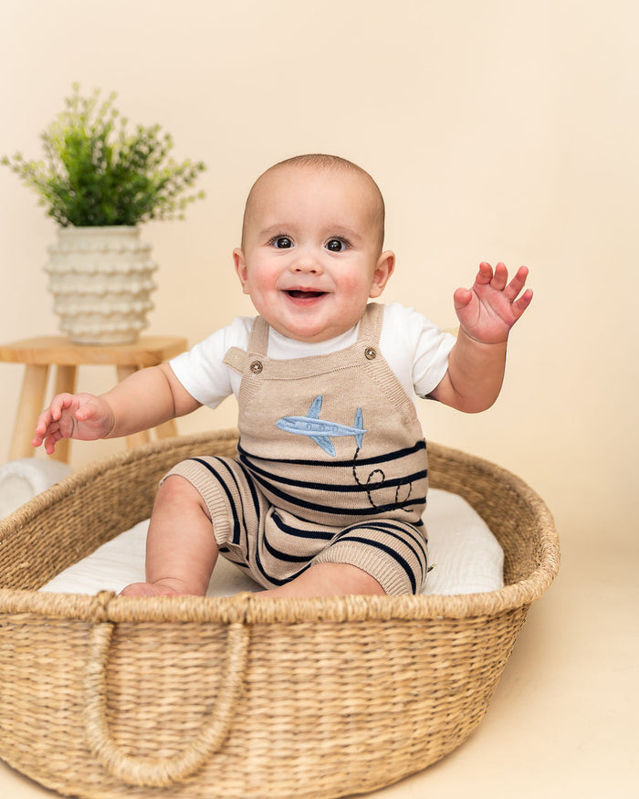 Airplane Stripe Embroidered Baby Knit Romper Set (Organic Cotton) - Model