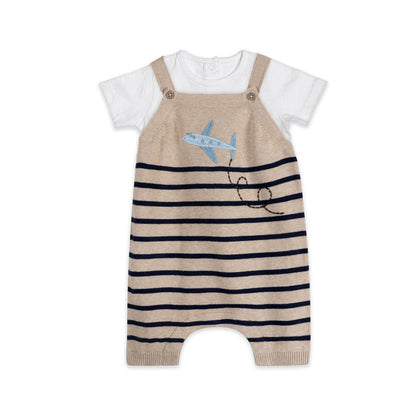 Airplane Stripe Embroidered Baby Knit Romper Set (Organic Cotton)