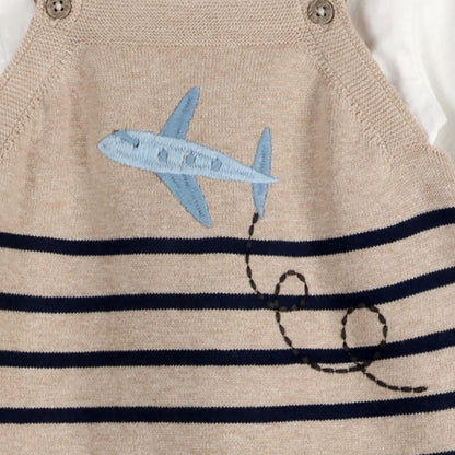 Airplane Stripe Embroidered Baby Knit Romper Detail (Organic Cotton)