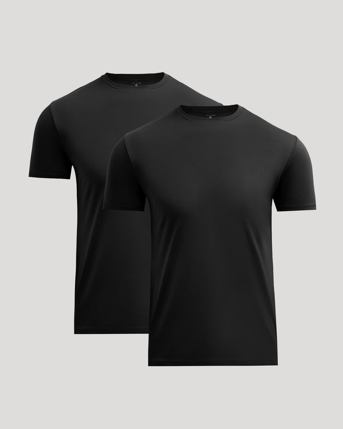 Two plain black crew neck t-shirts in a pack, showcasing the All Black Pima Cotton Blend Crew 2-Pack men's basics with a smooth, comfortable fabric appearance.