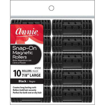 Annie Snap-On Magnetic Hair Rollers 7/8 Inch Large, 10 Count, Black