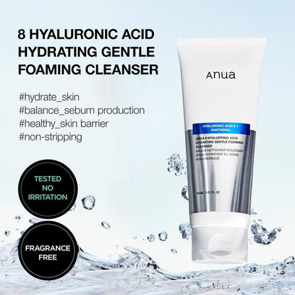 Anua 8 Hyaluronic Acid Hydrating Gentle Foaming Cleanser 150ml. Anua 8 حمض الهيالورونيك منظف رغوي مرطب لطيف - Princess Cosmetics Qatar