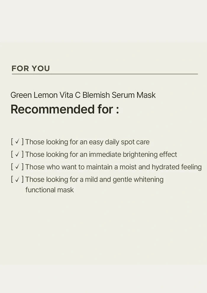 Text describing the Green Lemon Vita C Blemish Serum Mask and its recommended uses on a beige background.