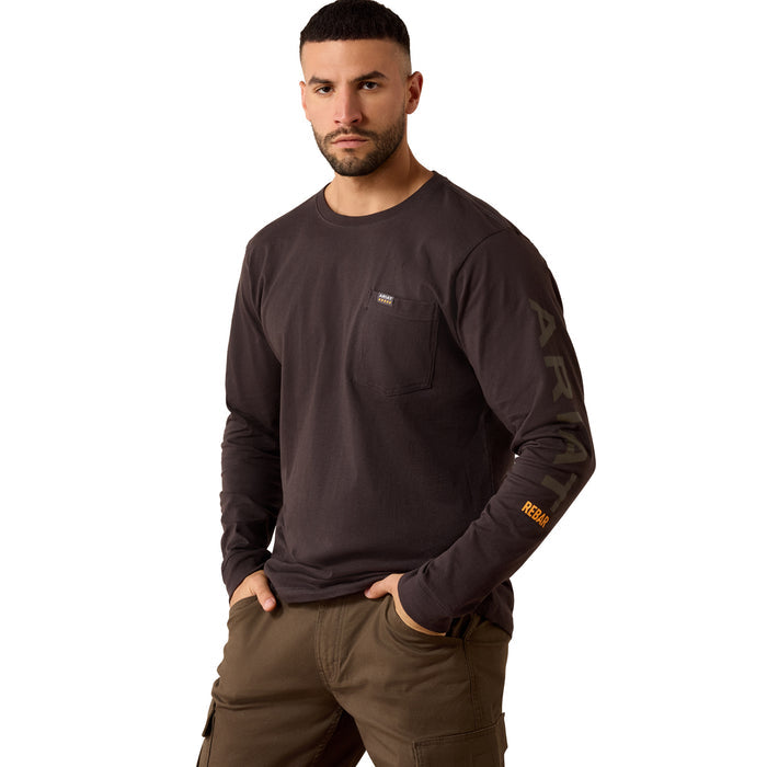 Ariat Men's Rebar Cotton Strong Standard Logo Pocket Long Sleeve T-Shirt Long Sleeve T-Shirts Ariat Licorice/Canteen 2XL Reg