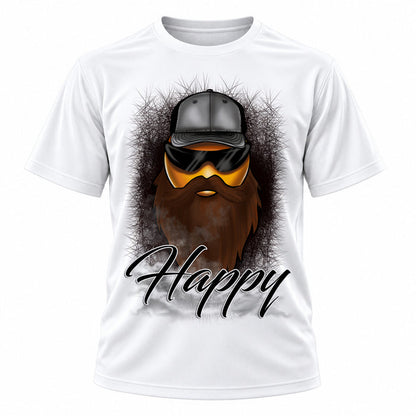 Bearded smiling face illustration on personalized graphic T-shirt, Mythic Airbrush design B201