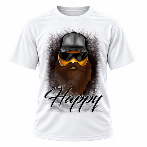 Bearded smiling face illustration on personalized graphic T-shirt, Mythic Airbrush design B201