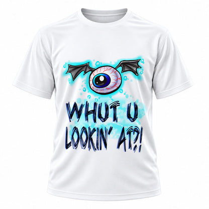 Personalized Evil Eye T-Shirt, front-view T-shirt mockup featuring custom Air-Volution artwork by Mythic Airbrush