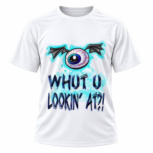Personalized Evil Eye T-Shirt, front-view T-shirt mockup featuring custom Air-Volution artwork by Mythic Airbrush