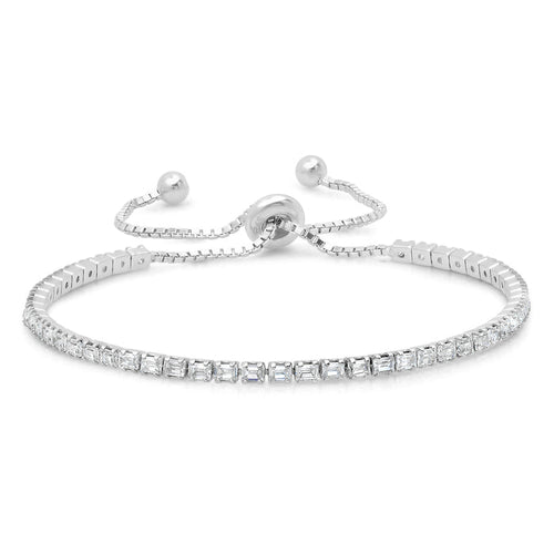 Silver tennis bracelet with baguette-cut stones, adjustable bolo clasp and chain links