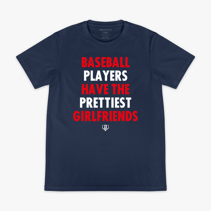 Navy graphic tee with “Baseball Players Have The Prettiest Girlfriends” design — front view