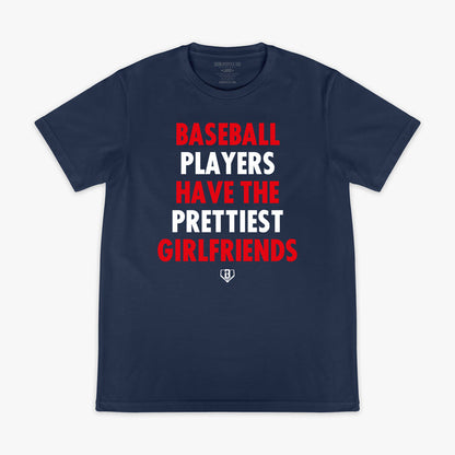 Navy graphic tee with “Baseball Players Have The Prettiest Girlfriends” design — front view
