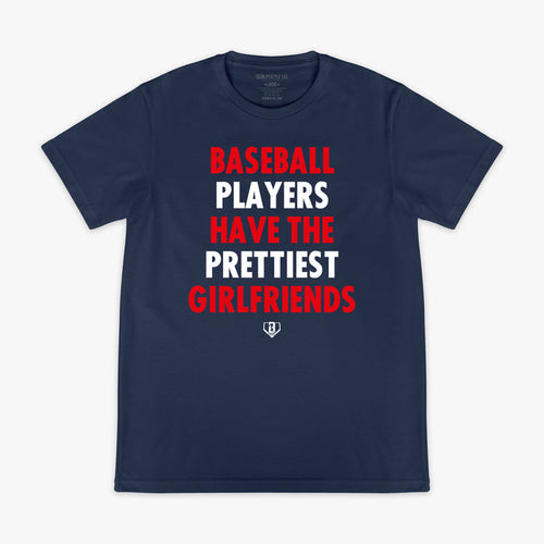 Navy graphic tee with “Baseball Players Have The Prettiest Girlfriends” design — front view