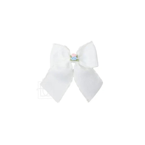 BC 3.5" Flower Embellished Crochet Edge Bow-White