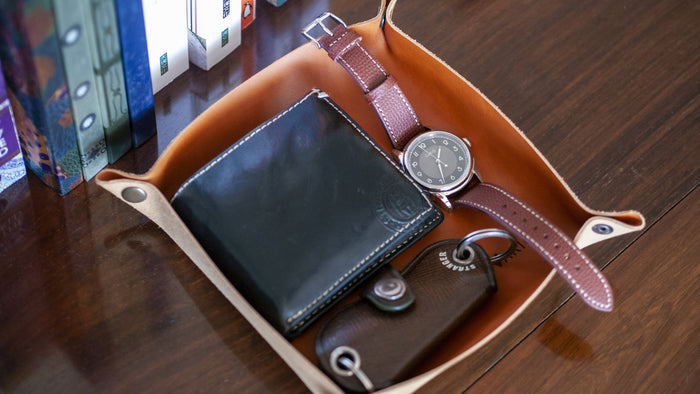 Belarusian Caramel Brown Leather Valet Tray (School of Horology) for Watch, Keys, Accessories