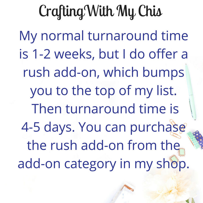 Normal turnaround is 1-2 weeks. Rush option available.