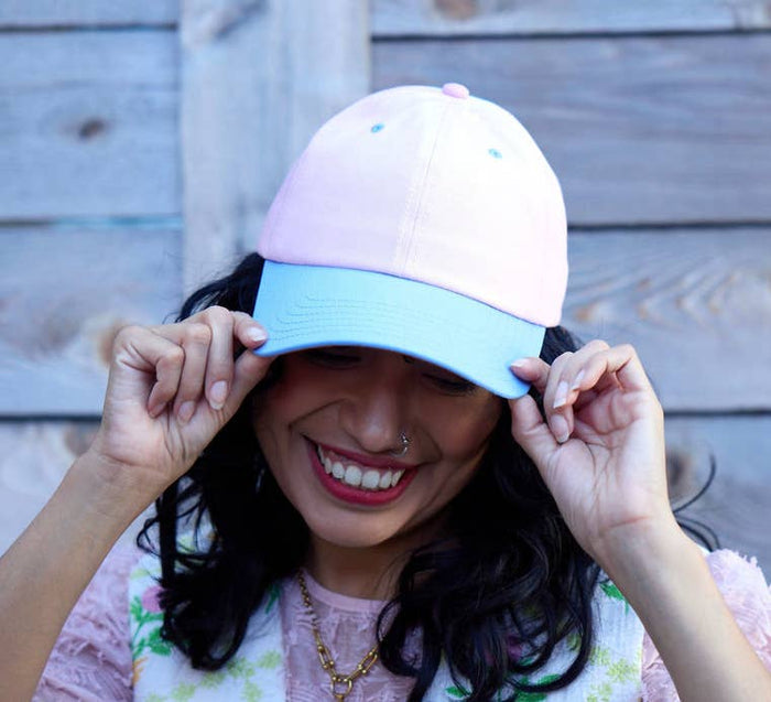 Big Bow Energy Hat - Pink & Blue with Striped Bow