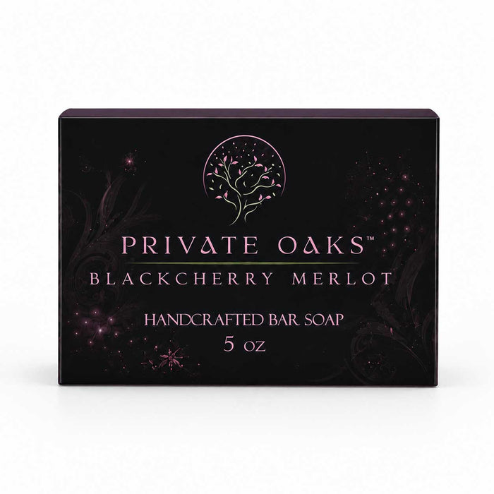 A rectangular black bar soap box for Private Oaks Blackberry Merlot, featuring a pink tree logo and text, set against a plain white background.