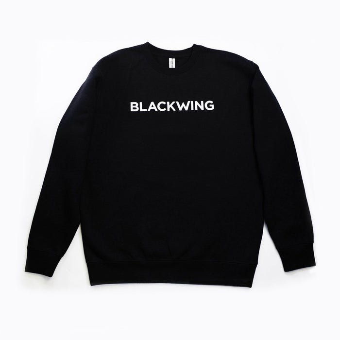 Black crewneck sweatshirt with 'BLACKWING' embroidered in white across the chest.