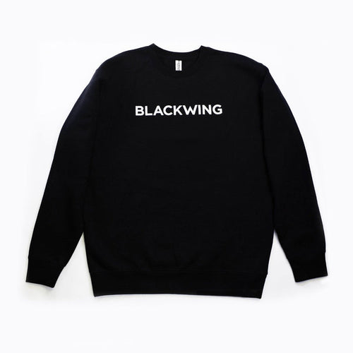 Black crewneck sweatshirt with 'BLACKWING' embroidered in white across the chest.