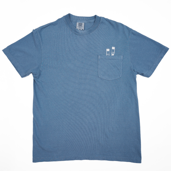 Comfort Colors blue 100% cotton pocket tee with 2 white pencil graphics poking out of the chest pocket. OEKO-TEX certified.