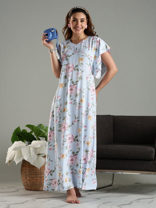 Blue Rayon Chic Frock Type Nighty For Women With Side Pocket