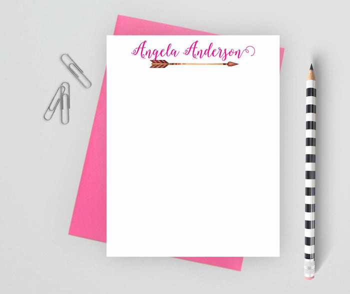 Calligraphy boho personalized stationery set with pink envelope.
